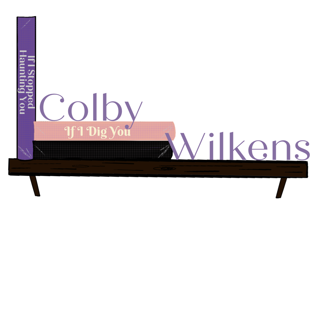 bookshelf with 3 books and Colby wilkens on it